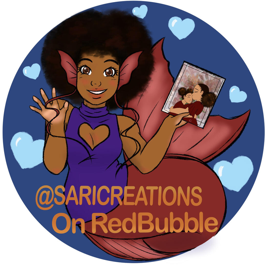 @saricreation on RedBubble sticker of a mermaid holding art of mother and daughter.