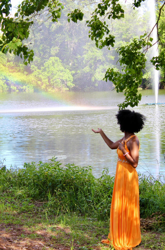 Golden fae looking to the lake with back to the camera and rainbow over the water.