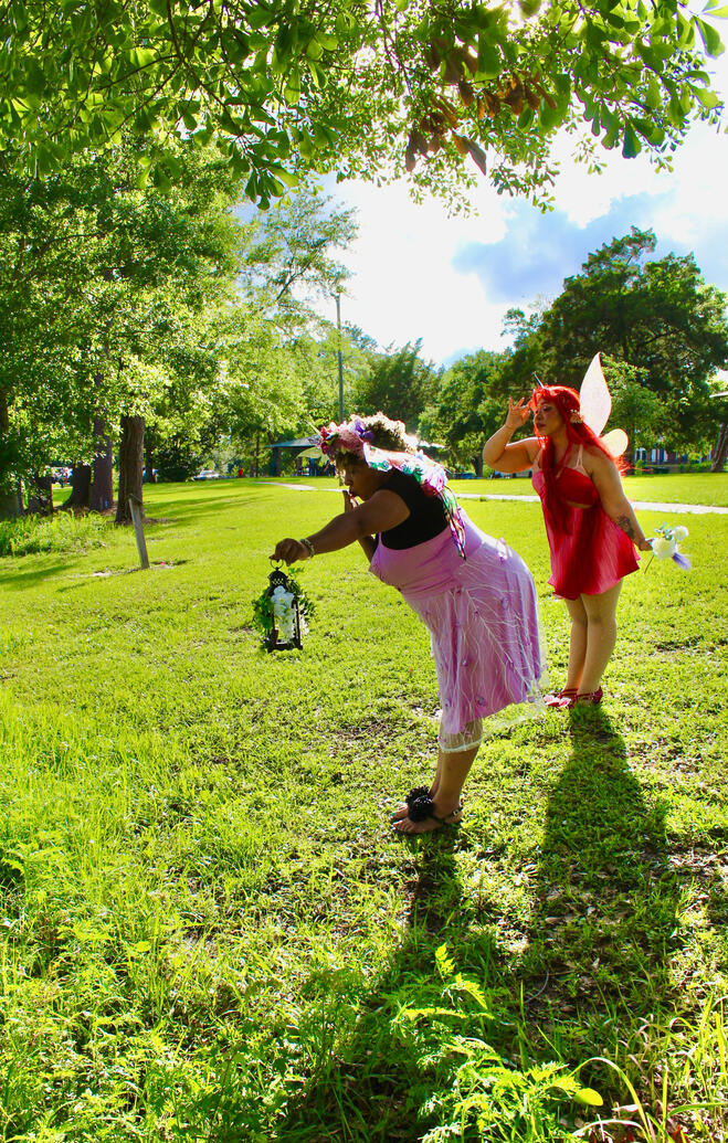 2 fae searching the brush. ne with a lantern, the other with hand on forhead looking forward.