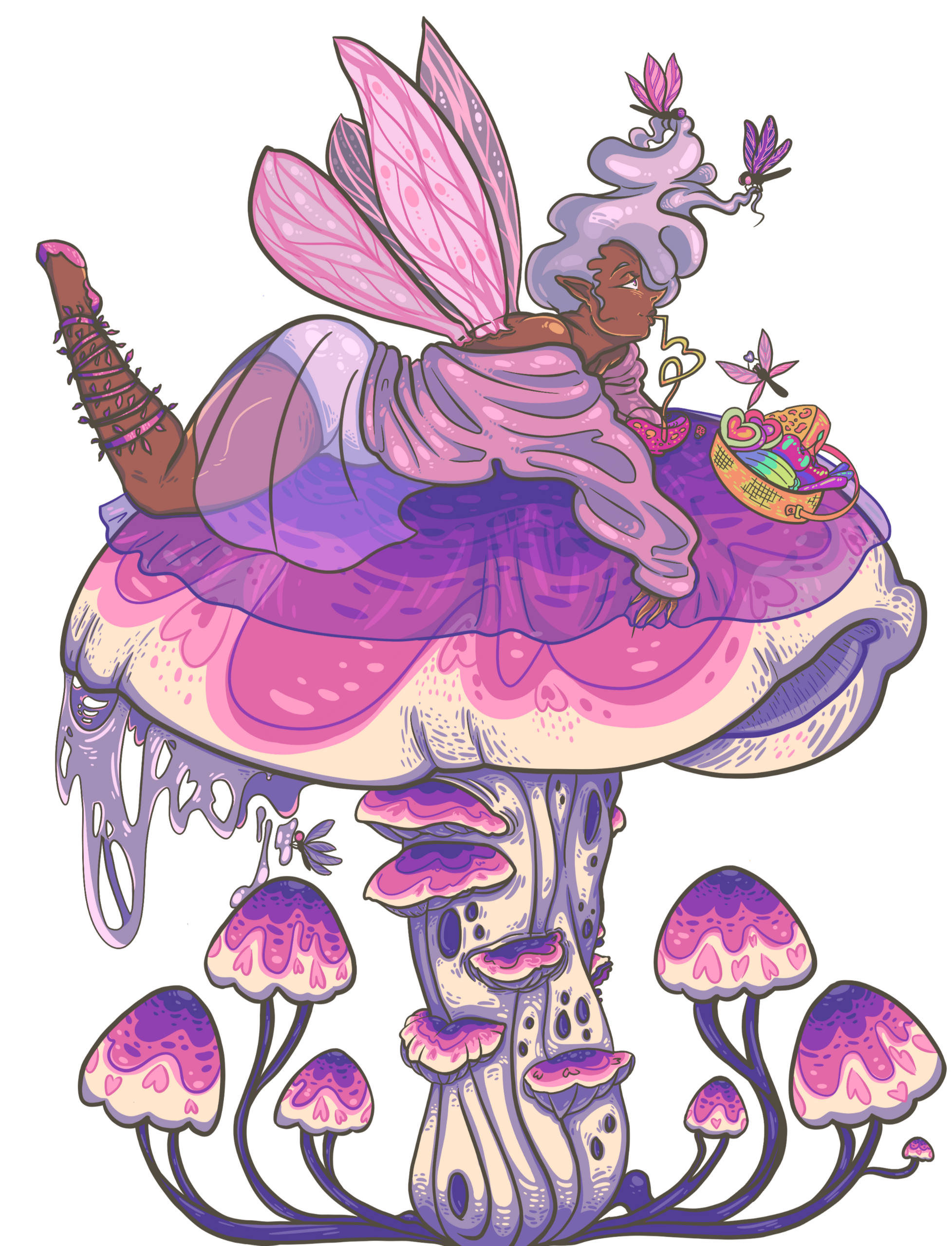 Fairy on a mushroom having a picnic in vibrant hues